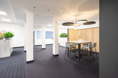 Elemente wie Raumteiler, halbhohe Apothekerschränke und Pflanzen zonieren das Open-Office